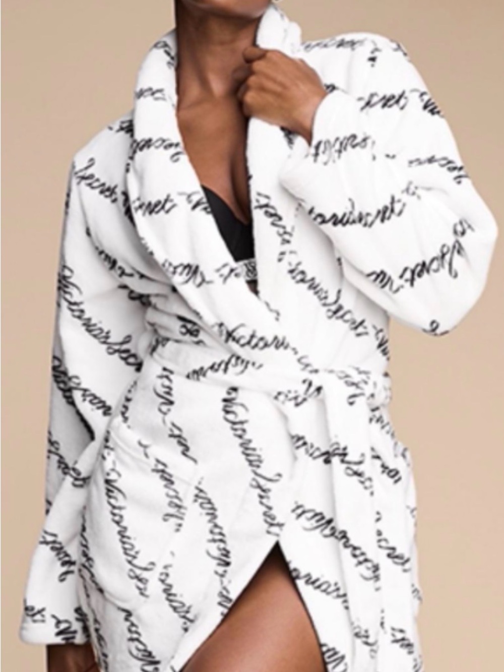 Victoria's Secret Plush Short Robe in  White with Black Print